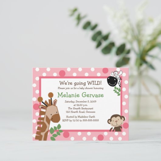 ジャングルサファリアドベンチャーピンクベビーシャワー招待状 インビテーションポストカード (スタンド正面)