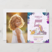 ジャングルサファリアニマルズガールフォト誕生日 招待状 (正面)