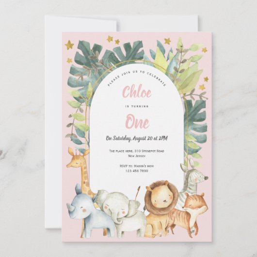 ジャングルサファリアニマルズガール最初の誕生日 招待状 (正面)