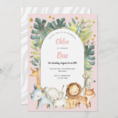 ジャングルサファリアニマルズガール最初の誕生日 招待状 (正面/裏面)