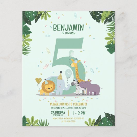ジャングルサファリアニマルズバジェット誕生日招待状 (正面)
