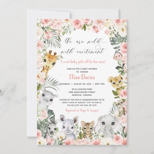 ジャングルサファリアニマルズピンクフローラベビーシャワー  招待状 (正面)