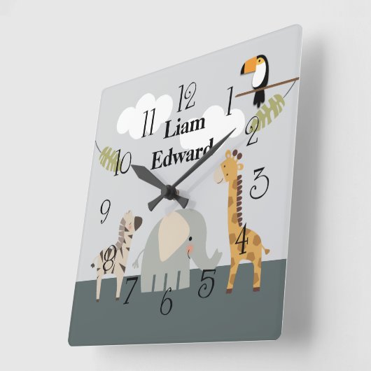 ジャングルサファリアニマル子供部屋ウォールクロック スクエア壁時計 (傾斜)