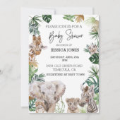 ジャングルサファリアフリカの赤ん坊の動物の熱帯葉の 招待状 (正面)