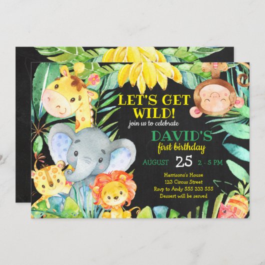 ジャングルサファリウォーターカラーキュートボーイファースト誕生日 招待状 (正面/裏面)