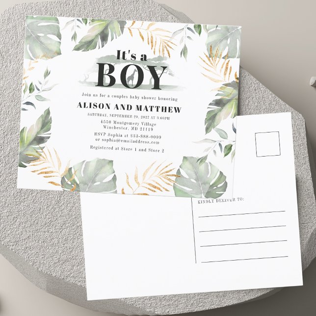 ジャングルサファリウォーターカラーベビーシャワー招待状 (Jungle Safari Watercolor Baby Shower Invitation)