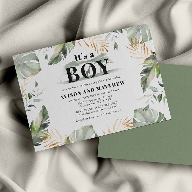 ジャングルサファリカップルズボーイベビーシャワー招待状 (Jungle Safari Giraffe Boy Baby Shower Coed Invitation)