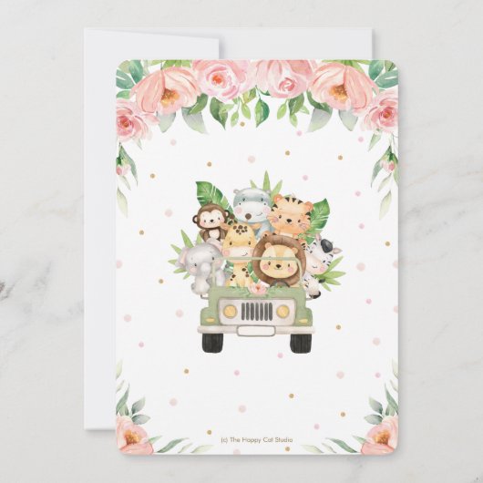 ジャングルサファリカーピンクフローラドライブバイベビーシャワー 招待状 (裏面)