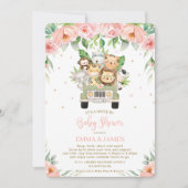 ジャングルサファリカーピンクフローラドライブバイベビーシャワー 招待状 (正面)