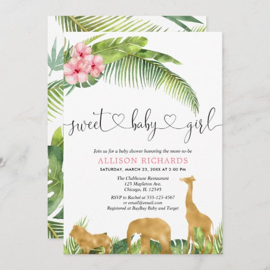 ジャングルサファリガールピンクのハイビスカス離れのパーム 招待状 (正面/裏面)