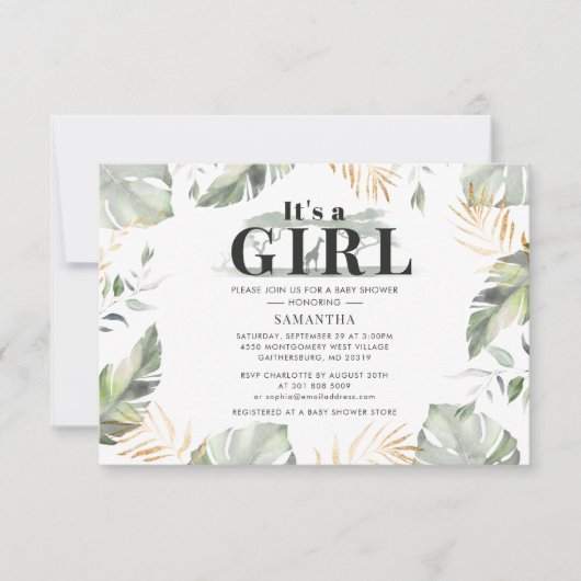 ジャングルサファリガールベビーシャワーキリン ノートカード (正面)