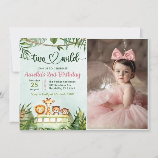 ジャングルサファリガールTwo Wild 2歳の誕生日の写真 招待状 (正面)