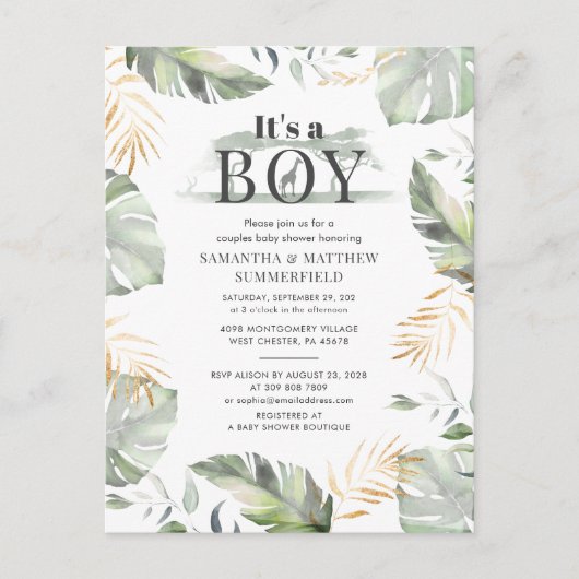 ジャングルサファリキラフカップル男の赤ちゃんシャワー インビテーションポストカード (正面)