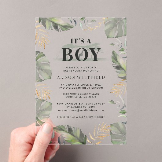 ジャングルサファリキレーフパームズ葉ベビーシャワー アクリル招待状 (インサイチュ (ポータブル))