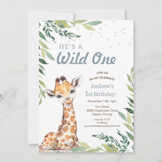 ジャングルサファリキレーフワイルドワン1歳の誕生日パーティー 招待状 (正面)