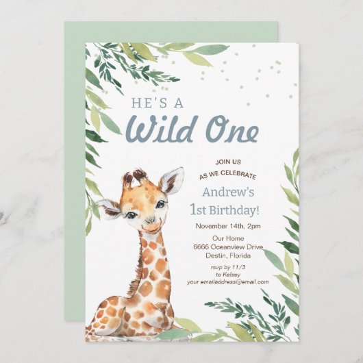 ジャングルサファリキレーフワイルドワン1歳の誕生日パーティー 招待状 (正面/裏面)