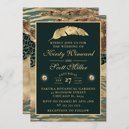 ジャングルサファリグリーンベージュグリッターアゲ結婚ートズ 招待状 (正面/裏面)