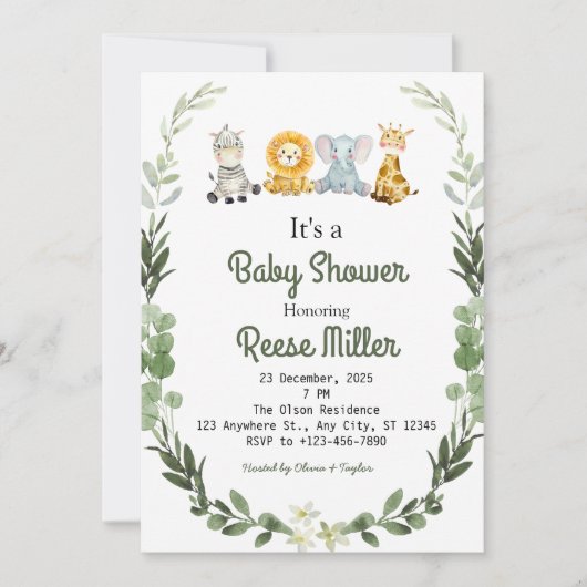 ジャングルサファリグリーンリーベビーシャワーパーティー 招待状 (正面)