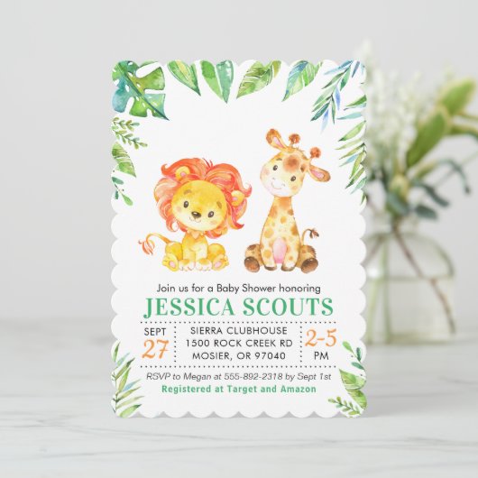 ジャングルサファリグリーン男の赤ちゃんシャワースプリンルライオン 招待状 (スタンド正面)