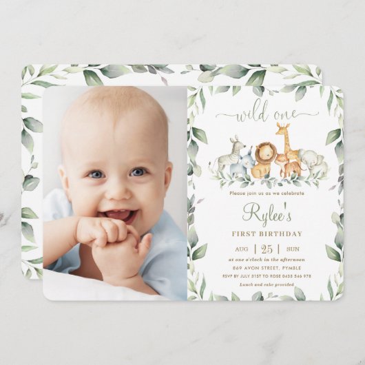 ジャングルサファリグリーne 1歳のワイルドワン フォト 招待状 (正面/裏面)