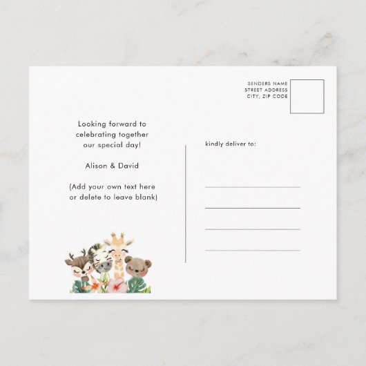 ジャングルサファリトロピカルグリーンリーベビーシャワー インビテーションポストカード (裏面)