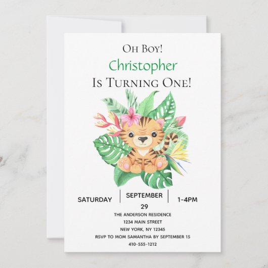 ジャングルサファリトロピカルタイガー1st誕生日 招待状 (正面)