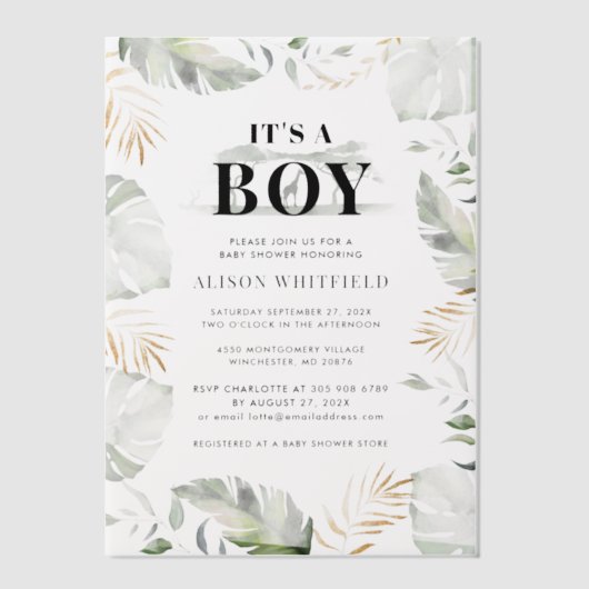 ジャングルサファリトロピカルパームズボーイベビーシャワー ベラム紙招待状 (正面)