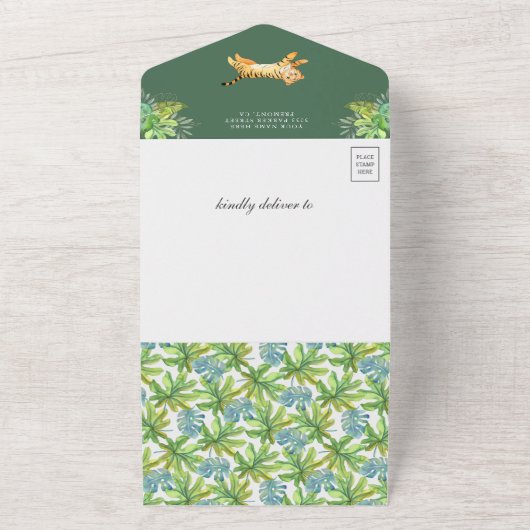 ジャングルサファリバルーンかわいいタイガーカッブベビーシャワー オールインワン招待状 (外側)