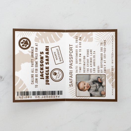 ジャングルサファリパスポート子供の誕生日 招待状 (内部)