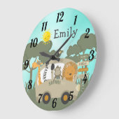 ジャングルサファリパーソナライズされたベビーアニマルズ子供部屋 ラージ壁時計 (傾斜)