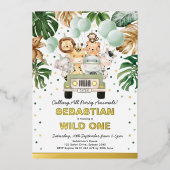 ジャングルサファリパーティーアニマルワイルドワン誕生日 箔招待状 (正面)