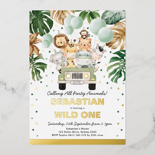 ジャングルサファリパーティーアニマルワイルドワン誕生日 箔招待状 (正面)