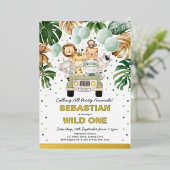 ジャングルサファリパーティーアニマルワイルドワン誕生日 箔招待状 (立ち正面)