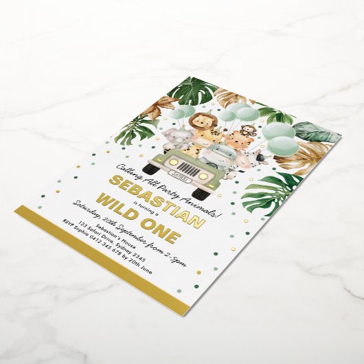 ジャングルサファリパーティーアニマルワイルドワン誕生日 箔招待状 (回転した状態)