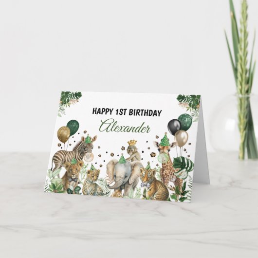ジャングルサファリパーティー動物ハッピーバースデーカード カード (正面)