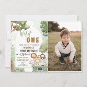 ジャングルサファリパーティー動物ワイルドワン1歳の誕生日 招待状 (正面)
