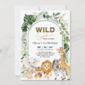 ジャングルサファリパーティー動物ワイルドワン1歳の誕生日 招待状 (正面)