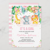 ジャングルサファリピンクフローラ赤ちゃんシャワー 招待状 (正面/裏面)