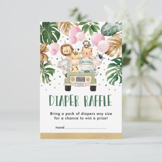 ジャングルサファリピンク風船ベビーガールおむつラッフル エンクロージャーカード (スタンド正面)