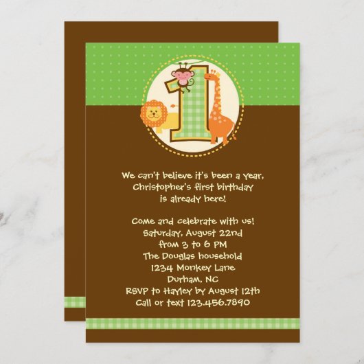 ジャングルサファリファースト誕生日招待状 招待状 (正面/裏面)
