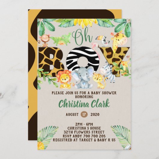 ジャングルサファリベイビーシャワーおお坊ちゃんかわいい 招待状 (正面/裏面)