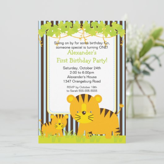 ジャングルサファリベビータイガーバースデーパーティーの招待 招待状 (スタンド正面)