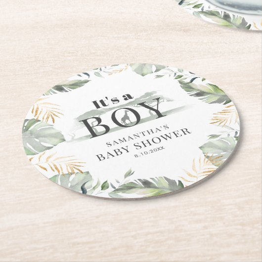 ジャングルサファリボタニカルボーイ赤ちゃんシャワー ラウンドペーパーコースター (アングル)