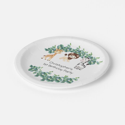 ジャングルサファリボーイズGiraffe Lion Zebra 1st誕生日 ペーパープレート (アングル)