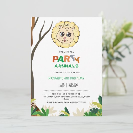 ジャングルサファリライオンテーマ子供の誕生日お祝い 招待状 (スタンド正面)