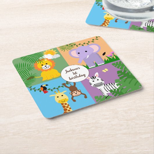 ジャングルサファリワイルドアニマル子供の誕生日 カラフル スクエアペーパーコースター (アングル)