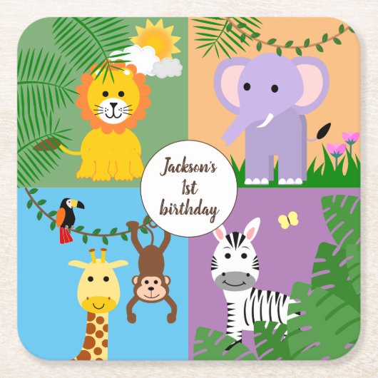 ジャングルサファリワイルドアニマル子供の誕生日 カラフル スクエアペーパーコースター (正面)