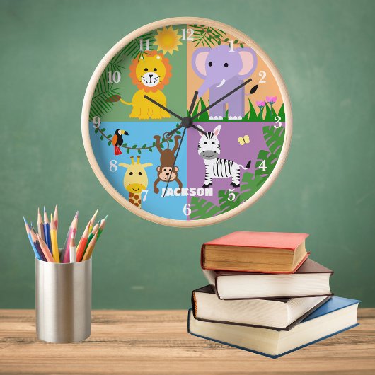 ジャングルサファリワイルドアニマル子供の誕生日 カラフル 壁時計