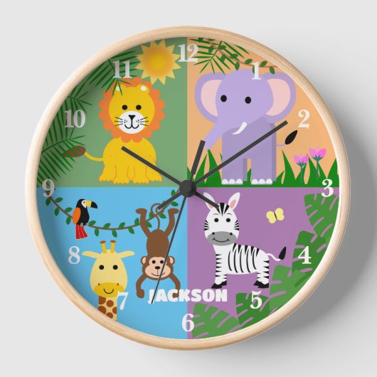 ジャングルサファリワイルドアニマル子供の誕生日 カラフル 壁時計 (正面)