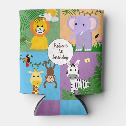ジャングルサファリワイルドアニマル子供の誕生日 カラフル 缶クーラー (正面)